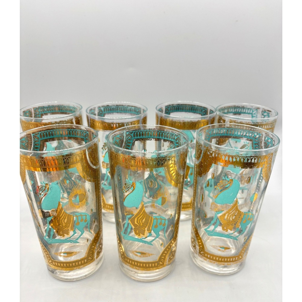 Fred Press Trojan Horse Highball Glasses Set of 7 Turquoise Gold MCM Vintage